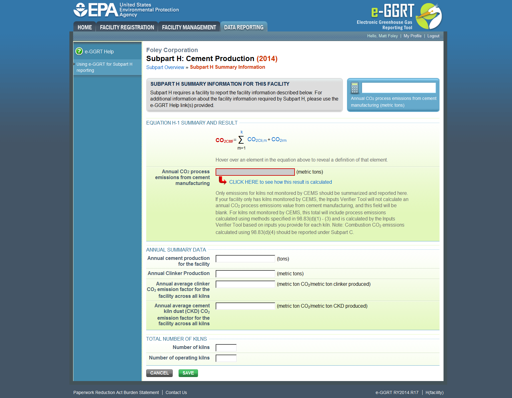 Subpart H: Click the SAVE button after entering the required information